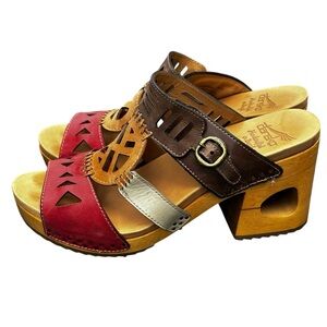 Dansko Oralee Platform Wood Heeled Sandals Multicolor Leather Boho Chic - Sz 39